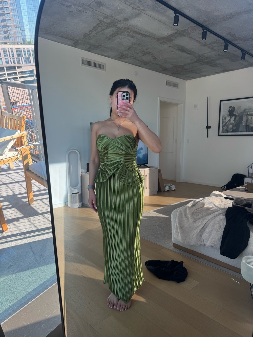 GREEN FORMAL PLEATED SATIN DRESS/TWO PIECE